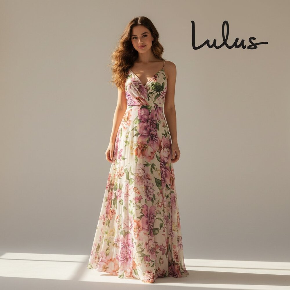 Lulu's Cream Floral Maxi Dress with Pink and Green Bouquet Print